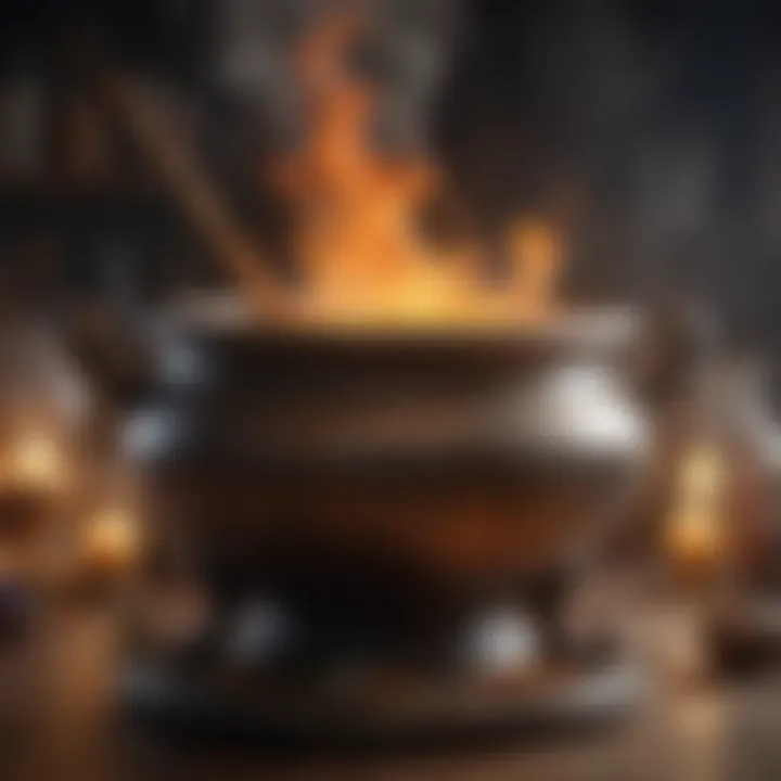 Illustration of a magical cauldron bubbling with mystical energy and potions