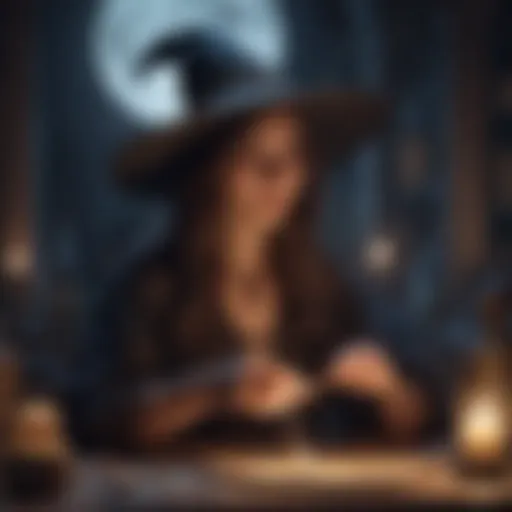 Illustration of a mystical witch casting spells under a full moon